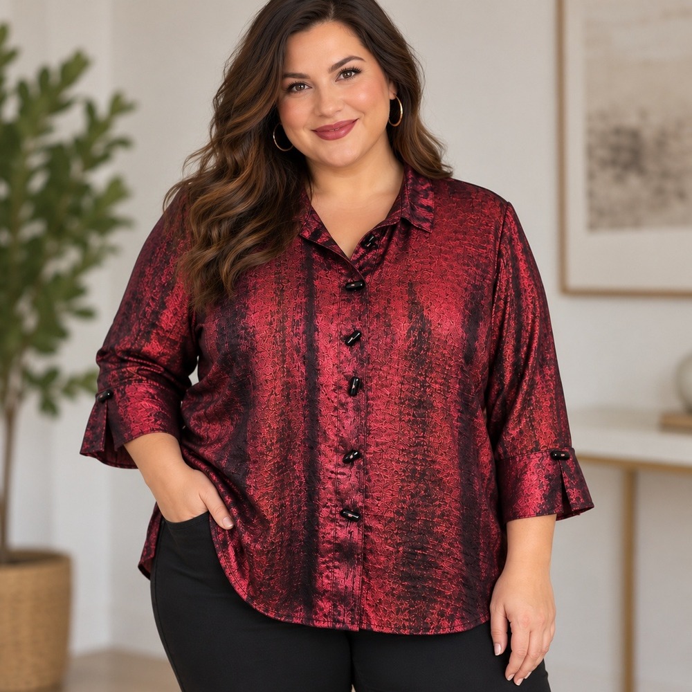NWT Ali Miles Button Blouse Women 1X Red Shimmer Metallic Luxury Festive Artsy